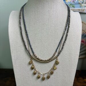 Grey Crystal Necklace with Gold Tone Accents Layered Boho Chic 20”